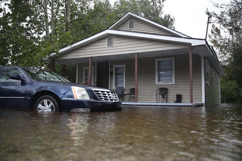Flood waters surround a home after Hurricane Florence passed through the area on September 15, 2018 in Warsaw, North Carolina.